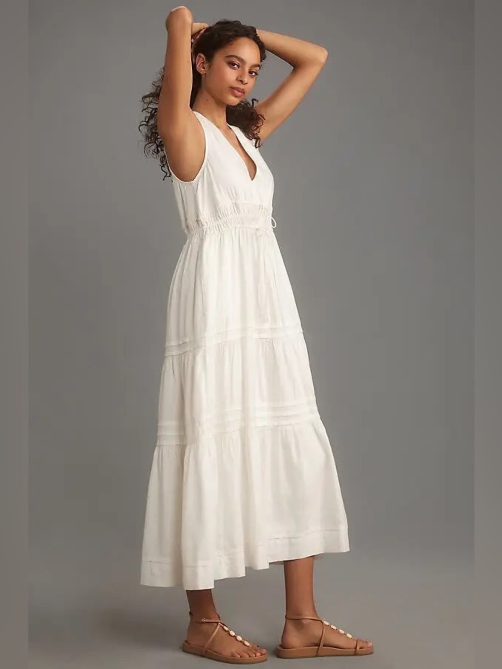 Anthropologie The Somerset Linen Blend Maxi Dress White Romantic Coastal Women M